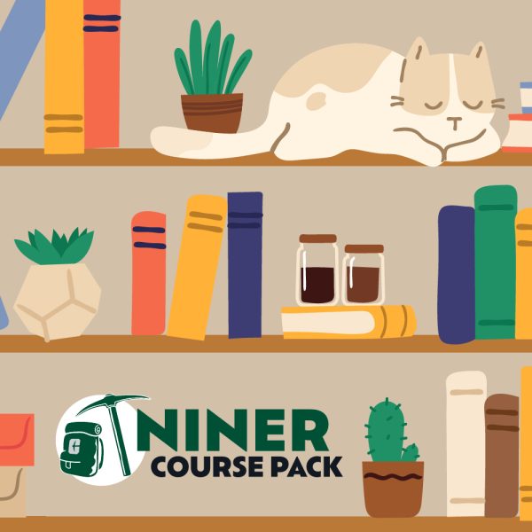 illustration of bookshelf with cute cat and Niner Course Pack logo