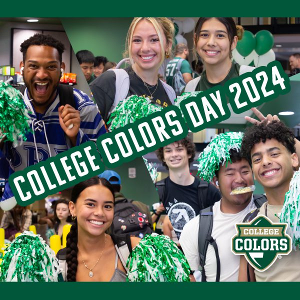 Photo collage of students smiling with green pom poms. Text reads "College Colors Day 2024"